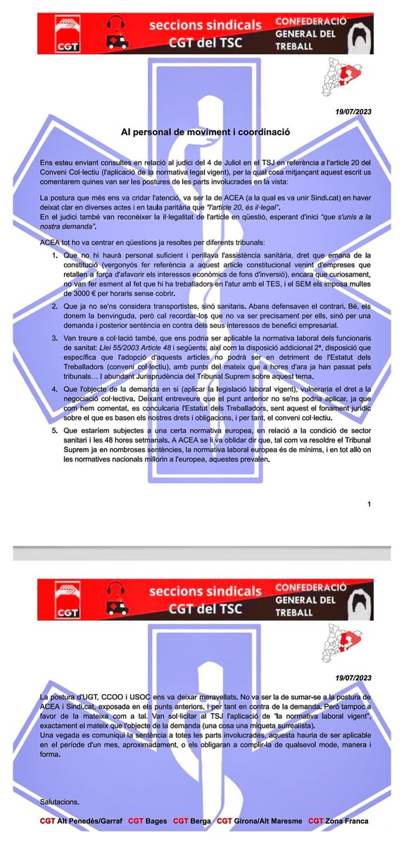 Sobre el judici al TSJ que va destapar la incoherència dels sindicats de conveni, sempre fent allò que no molesti la patronal. 👇