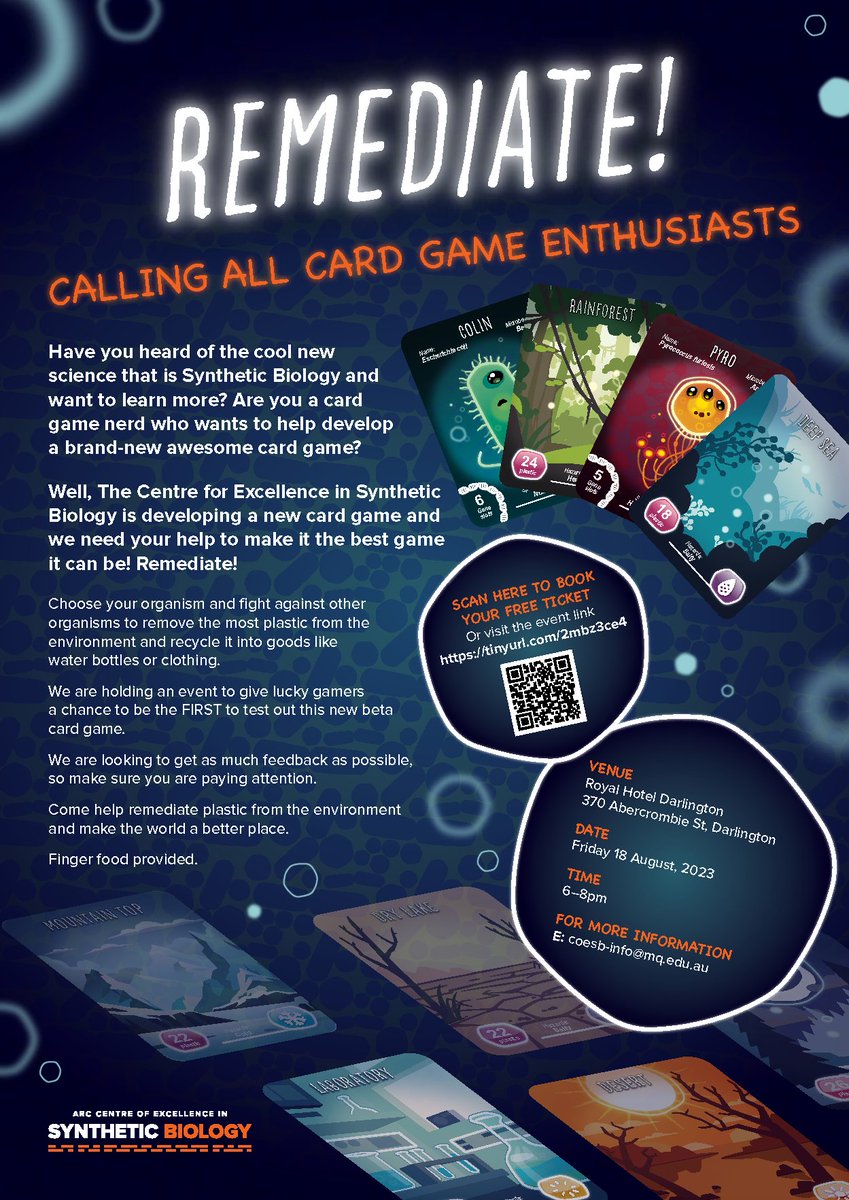 taylorszyszka's tweet image. So excited to share this!! Sydneysiders, come down to the Royal Hotel in Darlington on August 18th to try out our new @ARC_CoESB card game, Remediate! Synthetic biology, card games, and good company. It'll be a great event!  #SuperstarsofSTEM