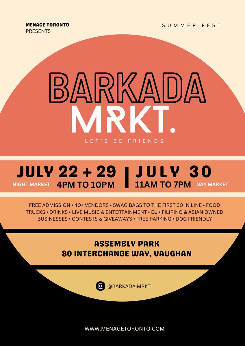 Barkada MRKT. is this weekend! Come out and support local makers and businesses from the Filipino community. The Market will have food trucks, Asian street food, great music, photo booths, and more!

#AssemblyParkVMC  #QuadReal #Menkes #MenkesDevelopments #CityofVaughan
