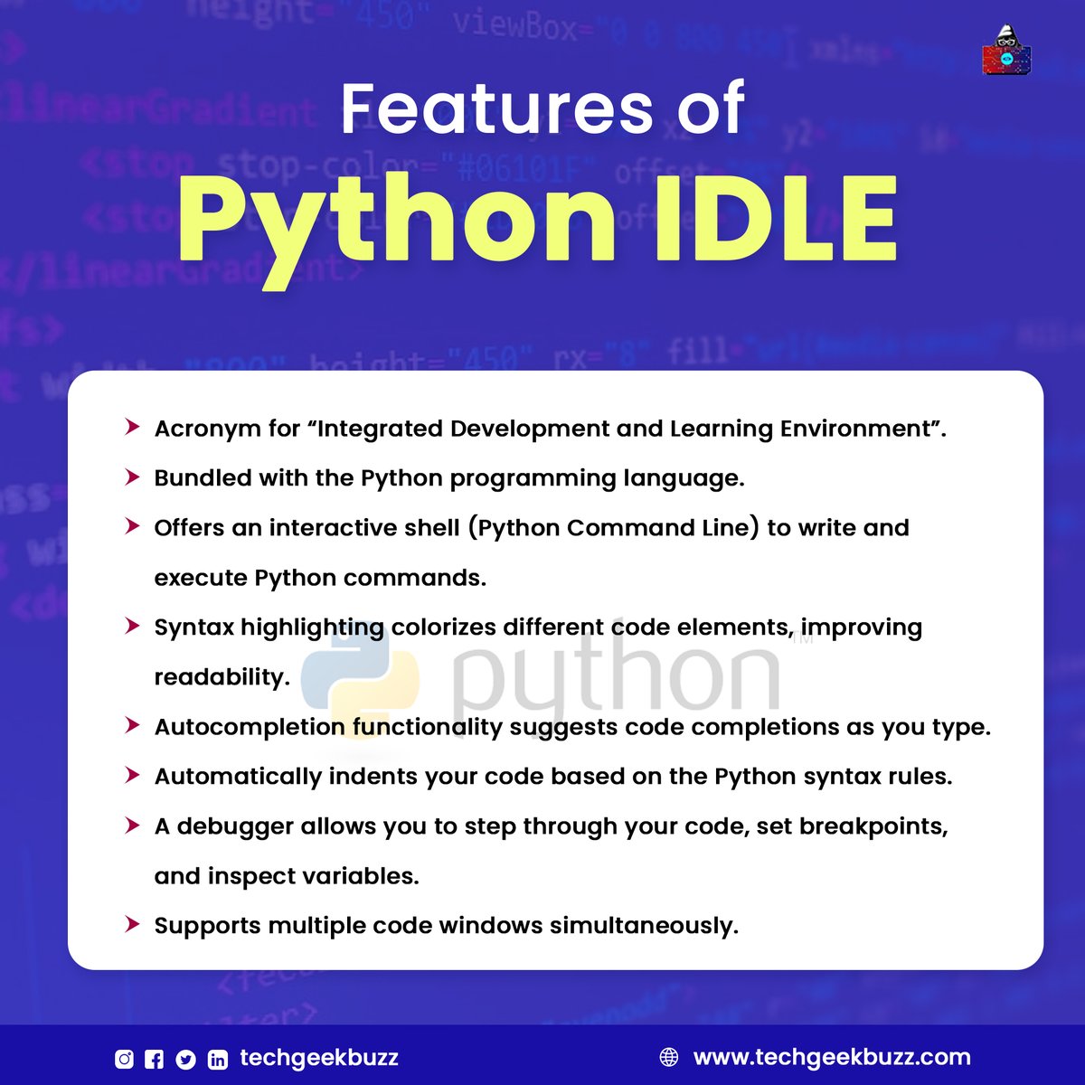 techgeekbuzz's tweet image. Check out Python IDLE&apos;s interesting features and take your Python programming skills to the next level! 🚀🌟

#python #pythonidle #IDLE #programminglanguage #Features #techgeekbuzz
