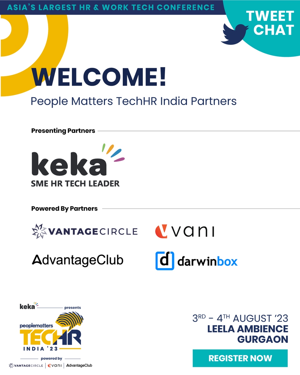 PeopleMatters2's tweet photo. Welcoming our Presenting partner @kekahr_official and our Powered by partners @vanicoach1 @myadvantageclub @VantageCircle @thedarwinbox to this exclusive #TechHRIN Pre-conference Tweetchat! https://t.co/nNtf5iosz5
