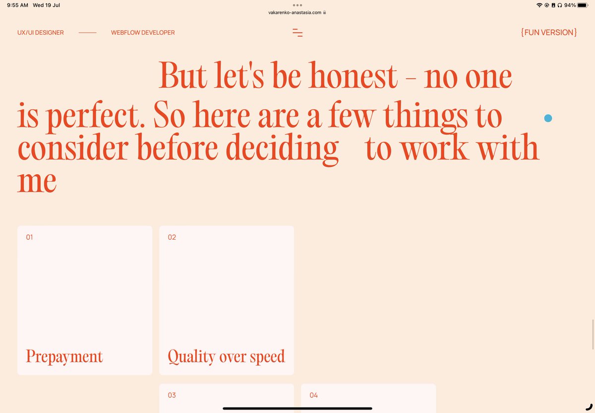 This make me feel me so much more confident about investing into her / a designer like this.

Major factors were - 
1. The designer’s positioning, 
2. What can I expect from the engagement,
3. Her ways of working,  
4. How should I proceed to start work.

vakarenko-anastasia.com