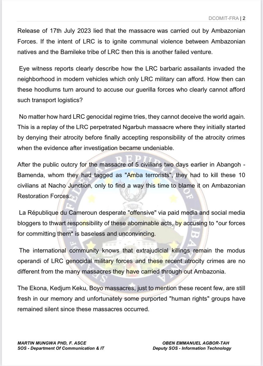 pabiedu1's tweet photo. The IG reacts to the #genocide in Nacho #Ambazonia! Hold 🇫🇷 &amp; 🇨🇲 responsible! #FreeSouthernCameroons 
@SecBlinken @RepGregoryMeeks 
@SamanthaJPower @SenatorRisch 
@ChrisVanHollen @HouseForeign 
@SenateForeign @VP @antonioguterres 
@USAmbUN @StateDept  
@ChrisCoons @USEmbYaounde https://t.co/gXyZtxJsH4