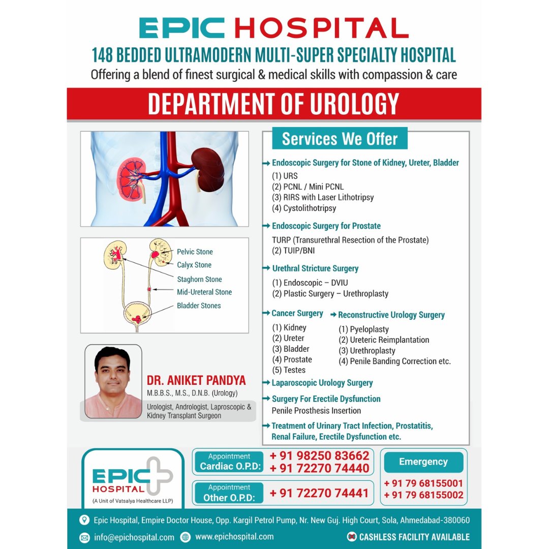 Introducing the EPIC Hospital Department of #Urology

Dr. Aniket Pandya, Consultant Urologist, Andrologist, Laparoscopic, and Kidney Transplant Surgeon

Appointment call:+91 7227074441

#UrologicalCancers #Endourology #DrAniketPandya #ReconstructiveUrology #Andrologist #Urologist
