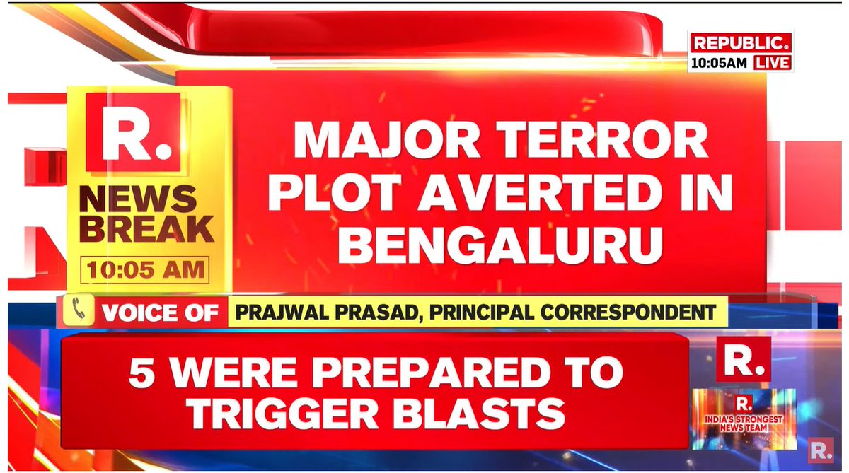 republic's tweet image. #BREAKING | Big terror plan thwarted in Bengaluru; 5 suspected terrorists who were prepared to trigger blasts have been arrested. 
#Bengaluru #TerrorCrackdown #BengaluruNews #Terrorists 
WATCH #LIVE here-
youtu.be/FMFqKCpydB4