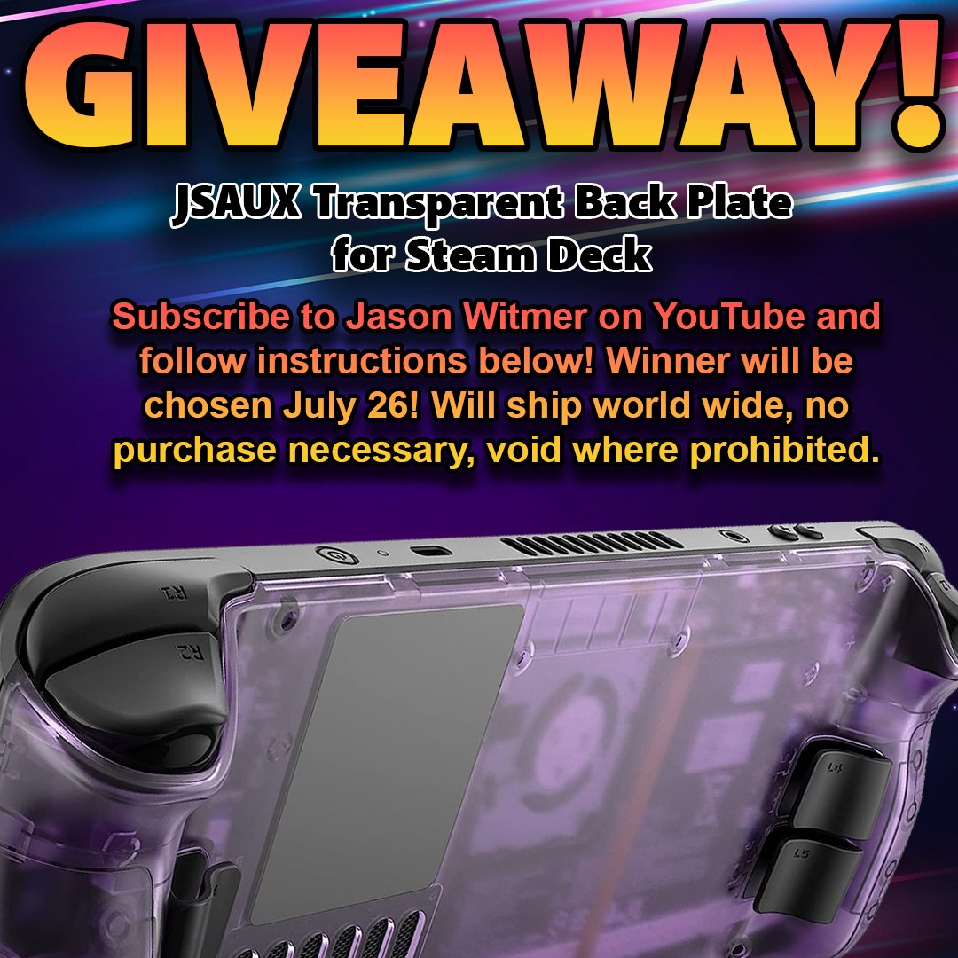 🥳 Steam Deck Accessory Giveaway! 

🏆  FREE Transparent Back Plate for Steam Deck!!

✅ Follow <a href="/JasonWitmer/">Jason Witmer</a> 
✅ Subscribe youtube.com/@jasonwitmeryt
✅ Like, RT and Tag 3 Friends
✅ Complete #Gleam ⤵️ 
gleam.io/axxXZ/jason-wi…

⌚Ending July 26!

#giveaway #GiveawayAlert #Giveaways