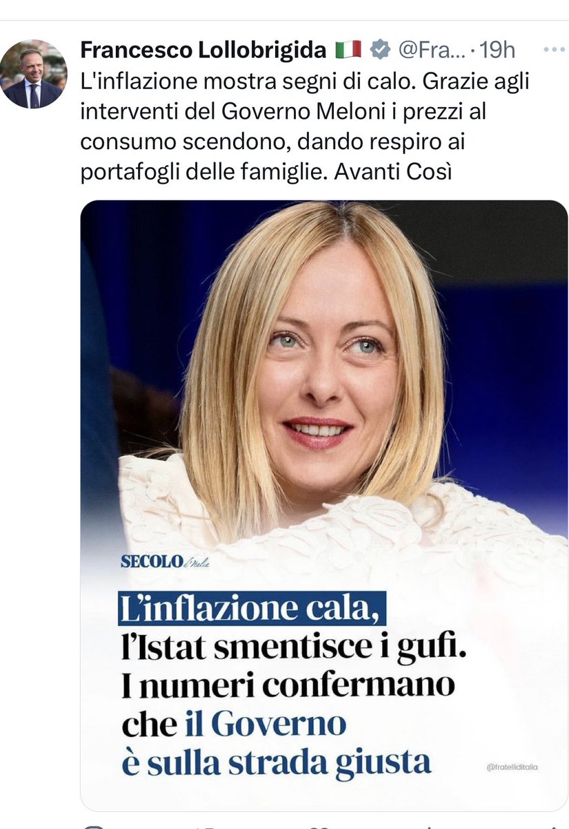 marattin's tweet photo. Ci sono due cose che mi hanno colpito in questo tweet del Ministro @FrancescoLollo1:

1) la tendenza populista a prendersi meriti per qualsiasi cosa “bella” succeda nel mondo. L’inflazione non sta scendendo “per gli interventi del Governo Meloni” (semmai, da manuale, gli stimoli di domanda l’inflazione la fanno salire), ma per gli interventi della Bce. Contro cui un giorno sì e l’altro pure si scagliano autorevoli colleghi di governo del Ministro (@GuidoCrosetto, @Antonio_Tajani ecc), e forse pure egli stesso.

2) l’utilizzo del termine “gufi”, che fu inventato da @matteorenzi una decina di anni fa. Fu molto criticato perché, si diceva, un primo ministro non può dileggiare chi esprime opinioni pessimiste, e magari con cognizione di causa. Dieci anni dopo, quella stessa espressione - e quello stesso dileggio - viene usato da chi all’epoca lo criticava.
È, ancora una volta, il “Giorno della Marmotta” della politica italiana.