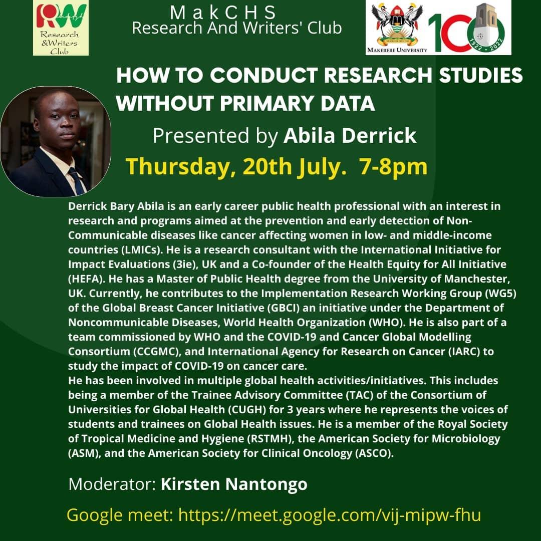 MakChsRWC's tweet photo. We invite you to a one-hour online Research session. 

Topic: How to Conduct a Research study without primary data.

Venue 📍: Google Meet.

*Date*: Thursday, 20th July, 2023.

*Time*: 7p.m.

Join using This Meeting Link: https://t.co/6sxOCmm3AV https://t.co/uTrWlEK1uX