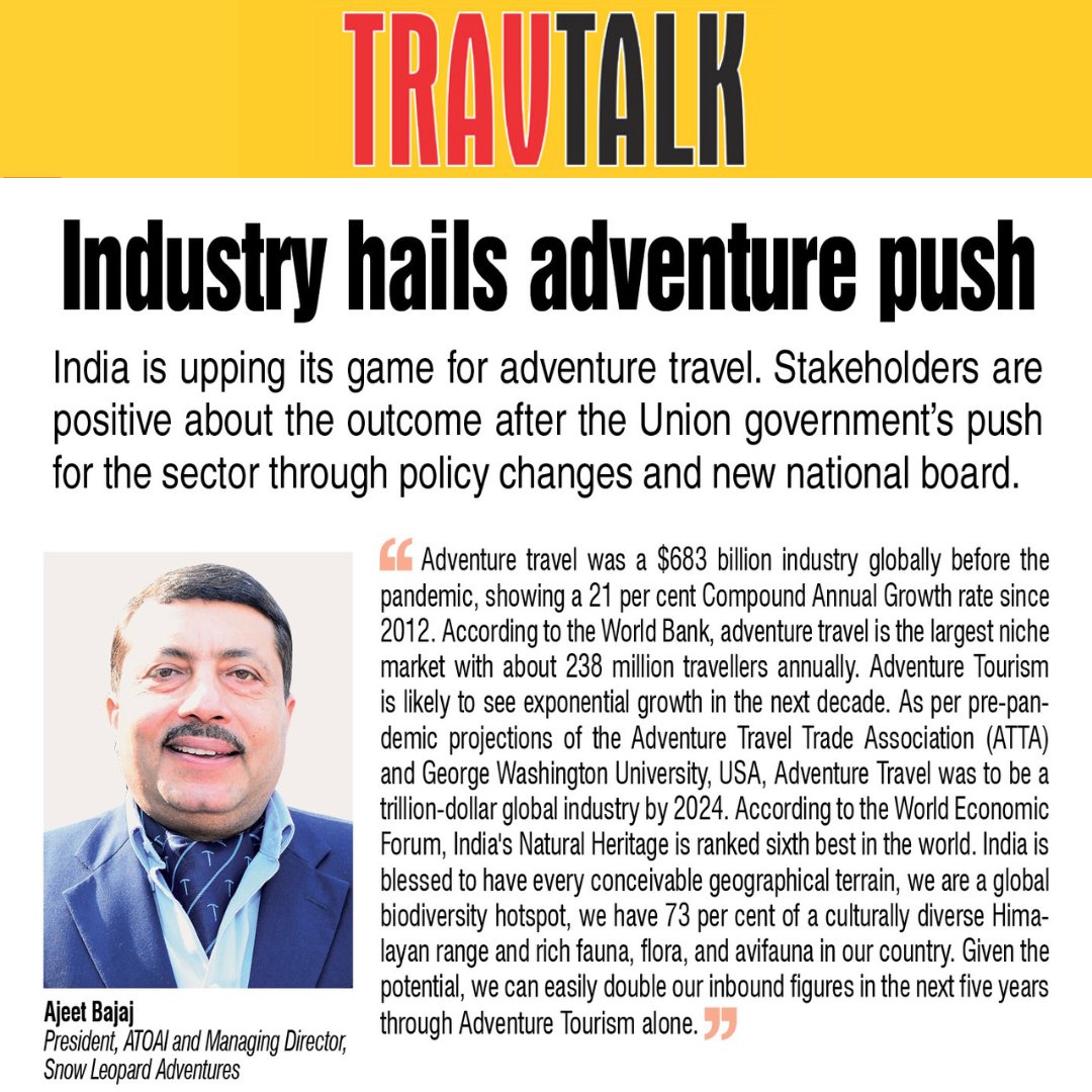 _TravTalk_'s tweet image. In a recent interview with TravTalk, Ajeet Bajaj, President of the Adventure Tour Operators Association of India (ATOAI) shared his insights on the positive developments in India's adventure travel industry. 

#AdventureTourism #IndiaAdventureTravel #PositiveDevelopments
