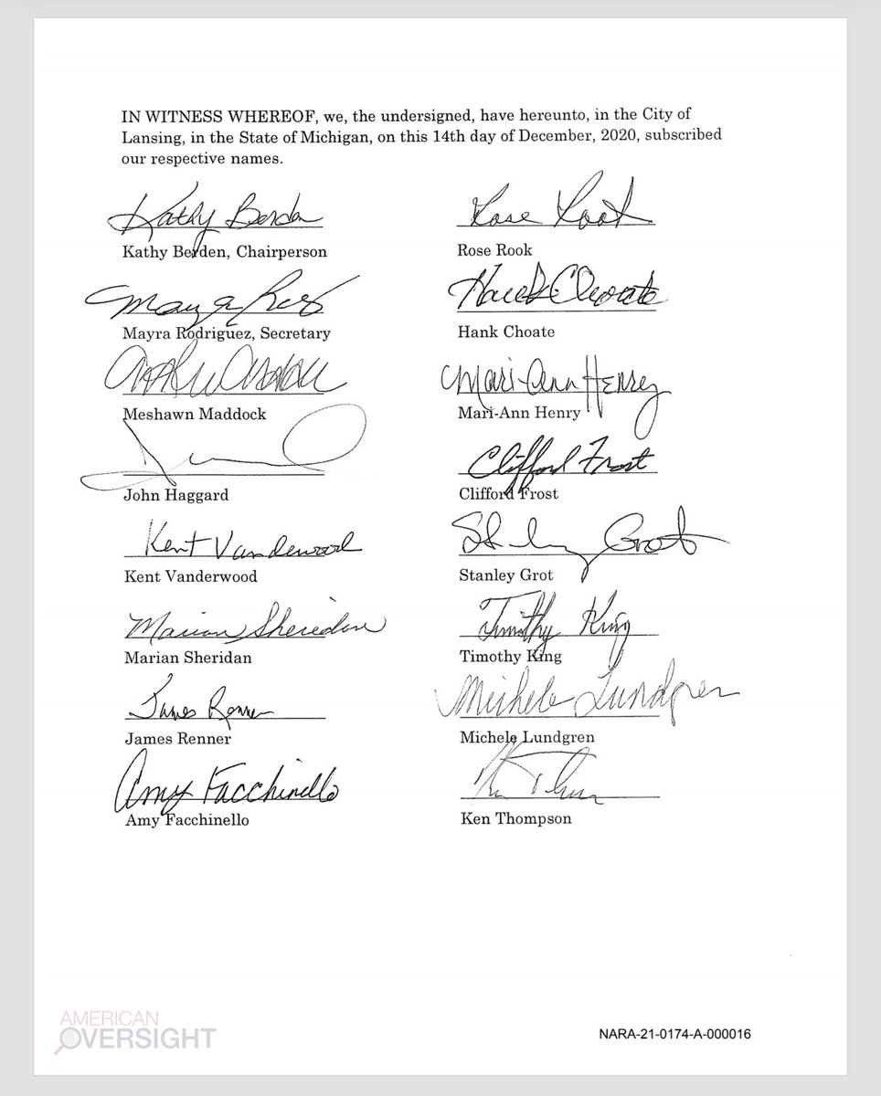 patriottakes's tweet image. The Michigan fake electors sent signed documents to the Senate, the National Archives, MI Secretary of State, and the Supreme Court claiming to be the “duly elected” electors casting certified electoral college votes for the 2020 election.