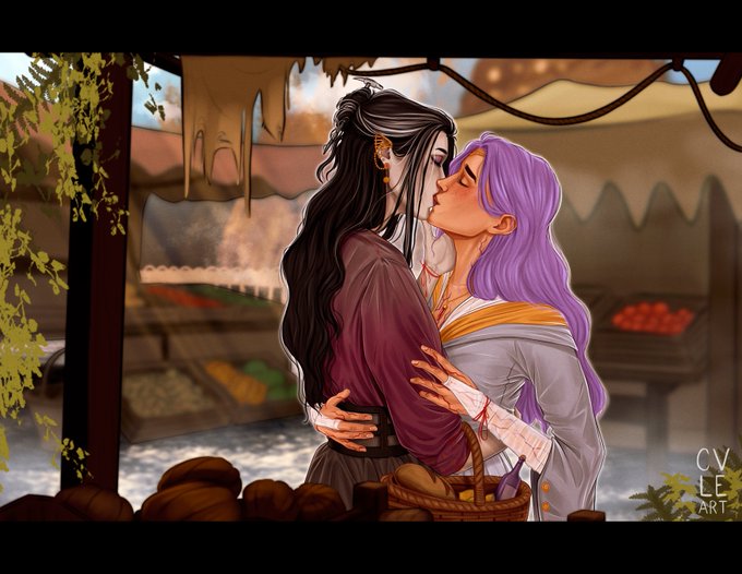 Fanart depicting Imogen and Laudna kissing in front of a vegetable market stand.