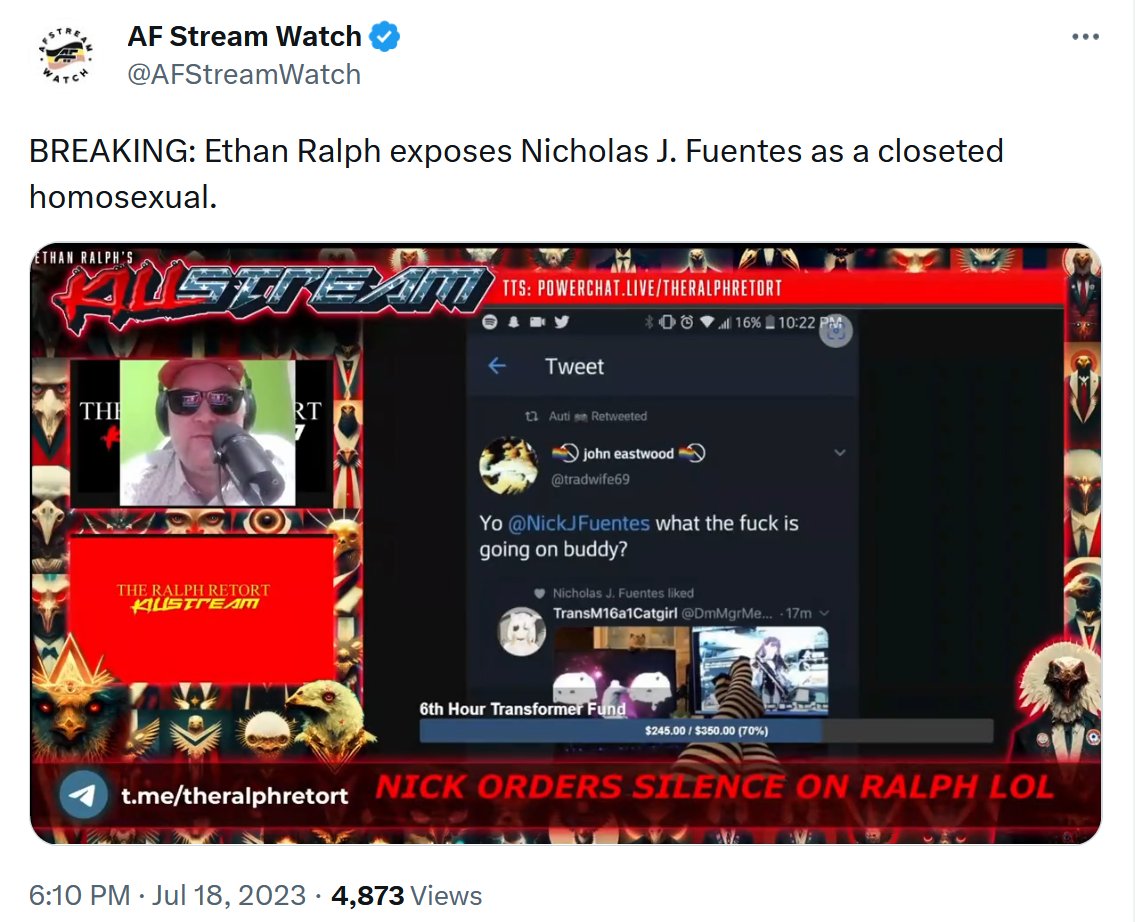service_cesa's tweet photo. It's as if Based Brandt Wiggins is saying, "Accept us, heterosexual Groypers. Gay groypers are Groypers, too. We are committed. We show up to the events like AFPAC and FRII."

Meanwhile, Ethan Ralph is sharing tweets of Nick Fuentes liking trans / homosexual accounts on Twitter. https://t.co/lp0U4ztXft