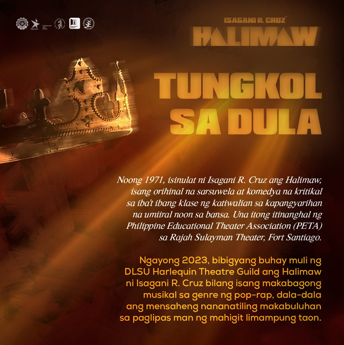 dlsuhtg's tweet photo. Ano nga ba ang Halimaw? Alamin kung ano ang nilalaman ng dulang kinatha ni Dr. Isagani R. Cruz noong 1971 at kung bakit handa na muli itong mabigyang-buhay ng DLSU Harlequin Theatre Guild ngayong taong 2023.

#HALIMAW2023
#AngTeatrongTumutugon
#PassionOverFame

CAO-HTG-HMW-P07 https://t.co/z0lQlmIrim