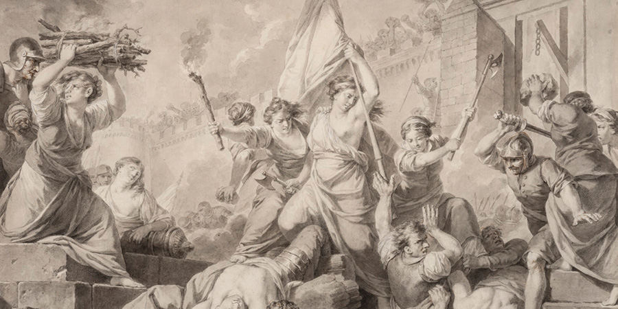 Never heard of war heroine Jeanne the Hatchet? Find out more at "Reform to Restoration: French Drawings from Louis XVI to Louis XVIII (1770-1830)," opening 7/21. bit.ly/44detNq. Image: Le Barbier L'Aîné (1738-1826), "Jeanne Hachette at the Siege of Beauvais," 1784.
