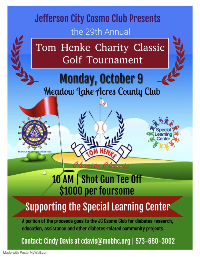 CosmopolitanJc's tweet photo. Join us for the 29th Annual Tom Henke Charity Golf Classic…benefitting the #JCMO Special Learning Center and T1D students in Cole County! #TheClubThatFightsDiabetes https://t.co/ZNyEFQlB2z