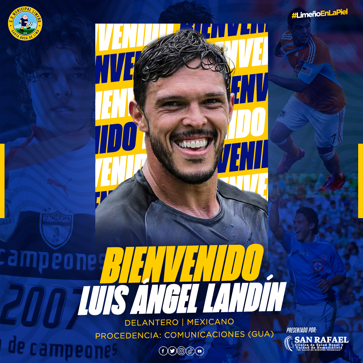 Más de 500 juegos oficiales. Más de 230 goles ⚽. Ex seleccionado con “El Tri” 🇲🇽. Jugó para Cruz Azul 🇲🇽, Puebla 🇲🇽, Morelia 🇲🇽, Pachuca 🇲🇽, Houston Dynamo 🇺🇸, Herediano 🇨🇷, Guastatoya 🇬🇹, Comunicaciones 🇬🇹, y HOY AURIAZUL 🟡🔵 

¡Llegó nuestro 9️⃣! 
¡Bienvenido goleador!🟡🔵