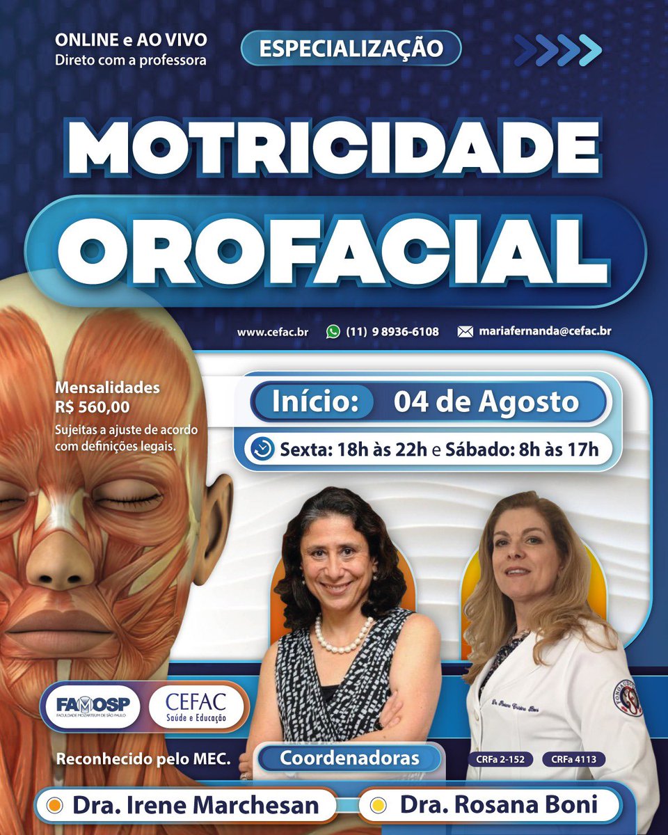 cefacsaopaulo's tweet photo. Motricidade Orofacial

Curso de Especialização - Online Ao vivo

Mais informações ou inscrições, acesse: https://t.co/ddeOmYP35X

#Fonoaudiologia #Especialização #MotricidadeOrofacial https://t.co/rXE0nJy52w