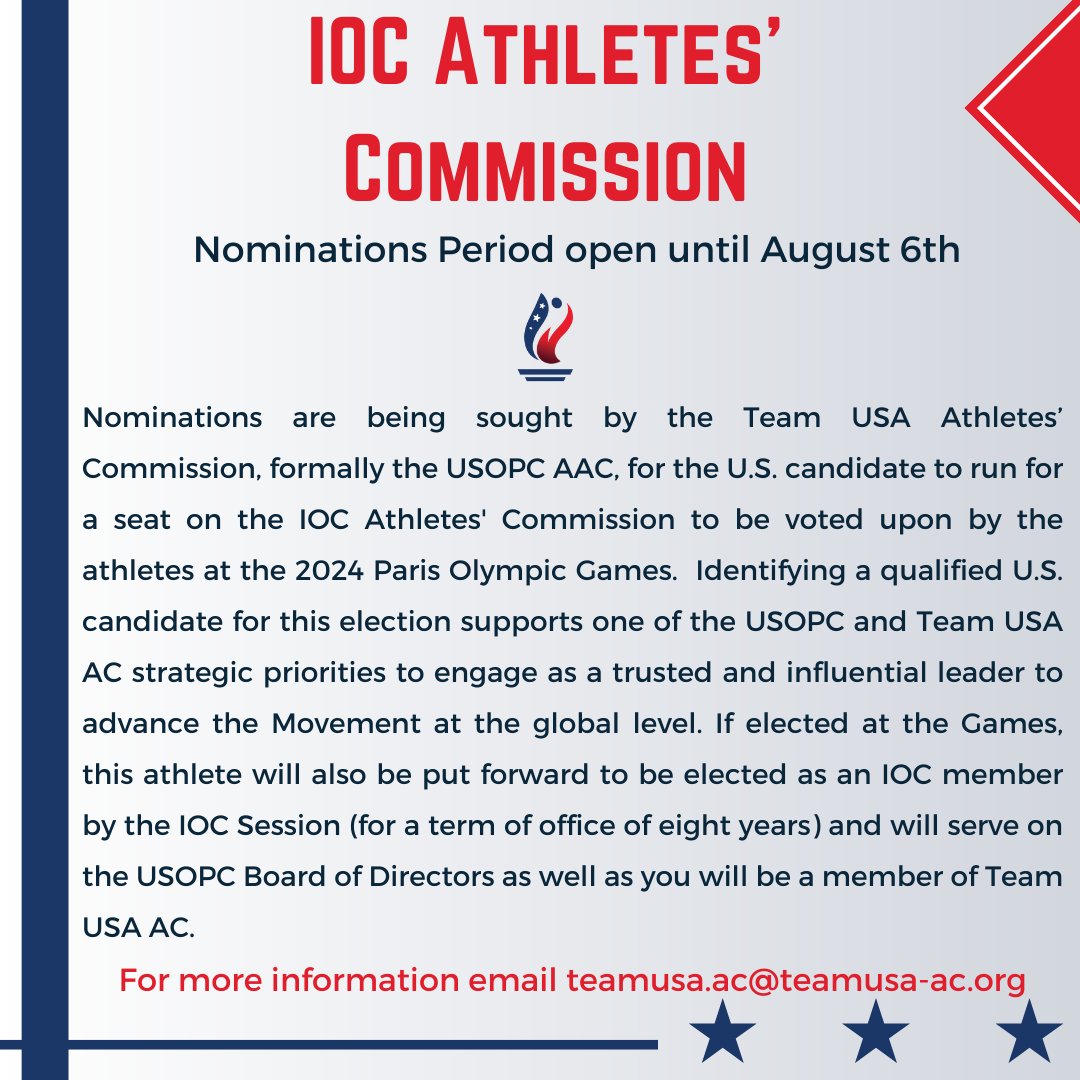 Team USA Athletes’ Commission (@teamusa_ac) on Twitter photo 🚨TEAM USA TOKYO SUMMER OLYMPIANS & <a href="/Paris2024/">Paris 2024</a> HOPEFULS🚨
We are seeking nominations for the U.S. candidate to run for a seat on the IOC Athletes' Commission. Reach out to teamusa.ac@teamusa-ac.org for more info‼️
#athleterepresentation #athletevoice #athleteadvocacy #teamusa 🚨TEAM USA TOKYO SUMMER OLYMPIANS & <a href="/Paris2024/">Paris 2024</a> HOPEFULS🚨
We are seeking nominations for the U.S. candidate to run for a seat on the IOC Athletes' Commission. Reach out to teamusa.ac@teamusa-ac.org for more info‼️
#athleterepresentation #athletevoice #athleteadvocacy #teamusa