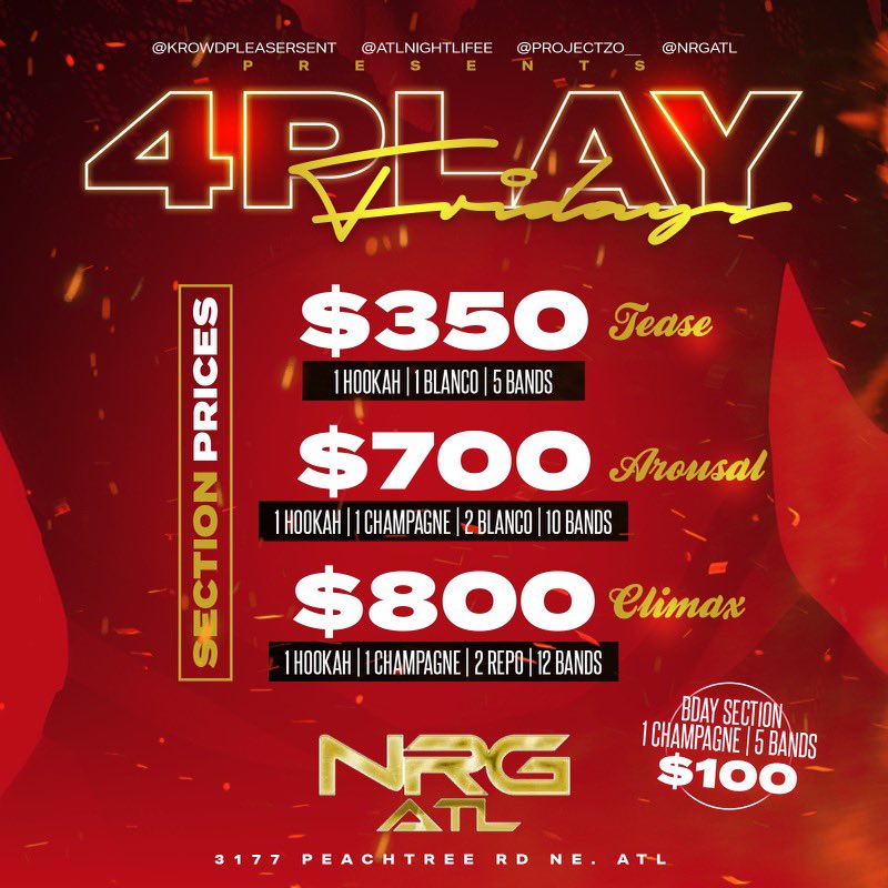 _TakeIII's tweet photo. 4PLAY FRIDAYS HAS GOTTEN EVEN BETTER ❤️

EVERY FRIDAY NIGHT WE BRINGING THE BEST DEALS IN THE CITY 🥂🥂🥂

For Sections DM or Txt “4Play” to (478) 449-4784

#4playfridays #NRG #atlnightlife #clubatl #atlparties
#nightlifeatl #nightclub #atlantaclubs #atl #atlanta #clubsinatlanta https://t.co/G3MBiiq1DR