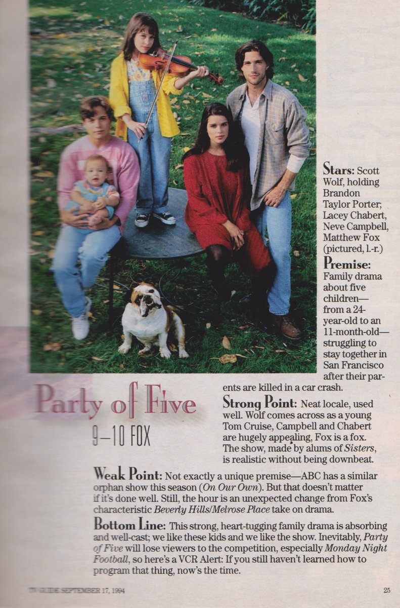 PARTY OF FIVE. 1994. 

Scott Wolf, Brandon Taylor Porter, Lacey Chabert, Neve Campbell, Matthew Fox. #PartyOfFive #TVGuide