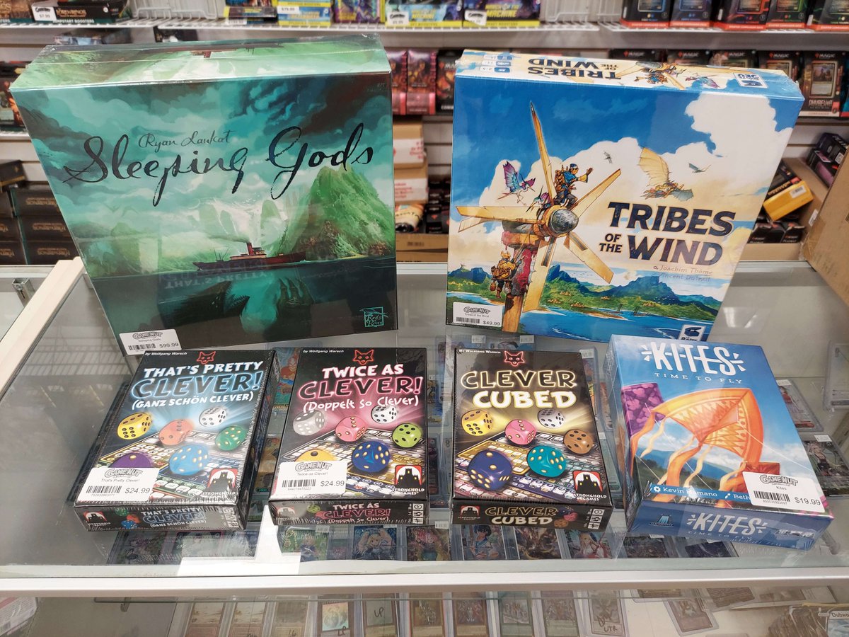 Some Board games we just got in!
Restock of Sleeping Gods
Tribes of the Wind is a game about rebuilding after a polluted apocalypse
3 different roll and write games in the Clever family. 
Kites is an easy to learn co-op game about managing multiple sand timers https://t.co/pOseHwUV9L