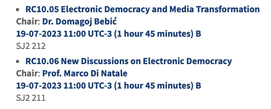 rc10edemocracy's tweet image. Tomorrow is the last day of the @ipsa_aisp world congress in Buenos Aires ! #IPSA2023

Do not miss our last two panels on #edemocracy ! 👇