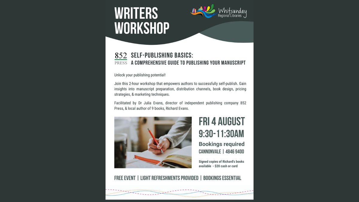 852Press's tweet photo. Join 852 Press' @DrJuliaEvans &amp; author Richard Evans (@600words) free workshop on Self-Publishing Basics!

9:30am Friday 4 August 2023, Cannonvale. 
Bookings essential: https://t.co/9txtK9zNnp

This event supports @ALIANational #LIW2023: https://t.co/iOaMpShMRp

#OurWhitsunday https://t.co/b0jdgMoXyr