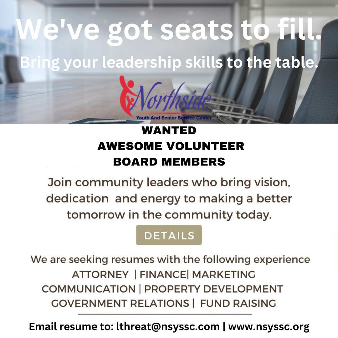 🌟 Join Us as a Board Member at Northside Youth and Senior Service Center! 🌟

Are you passionate about supporting youth and seniors in your community? Look no further – NSYSSC is seeking dedicated individuals like you to join our esteemed board!