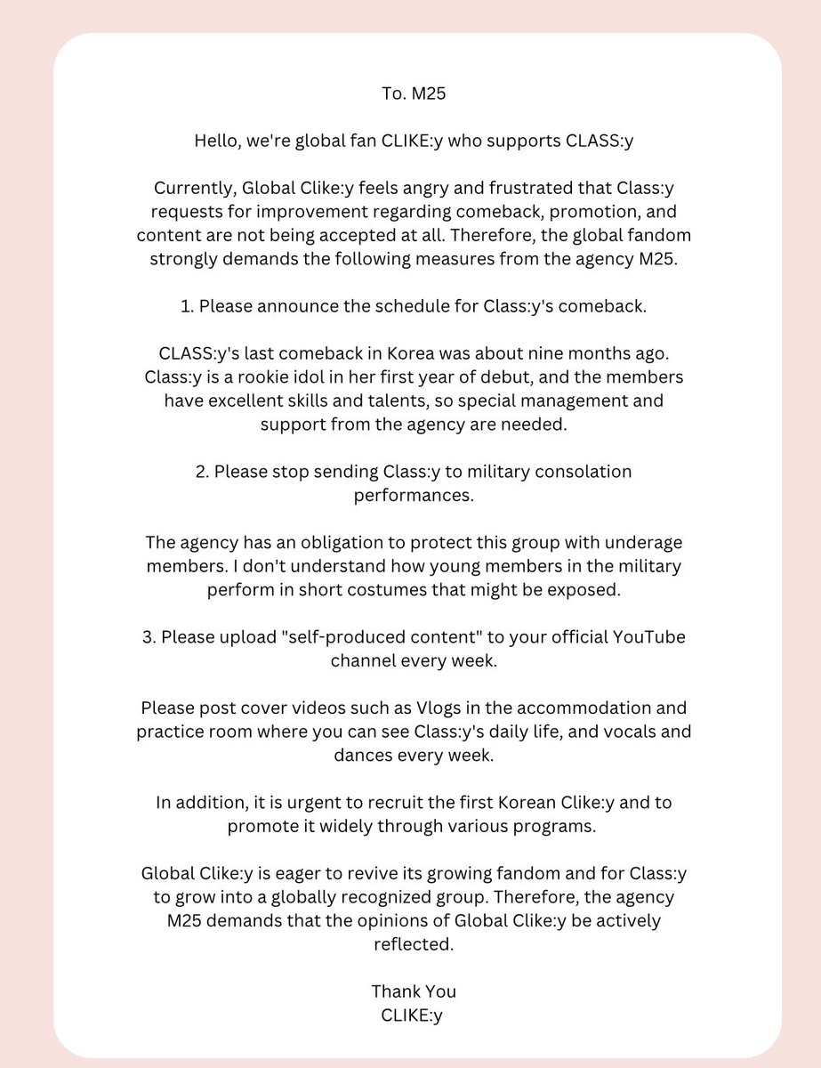 CLIKE:y Project🍀 (@clikeyproject) on Twitter photo Global CLIKE:y are calling for action due to the lack of attention to CLASS:y
The fandom is dissatisfied with the management of CLASS:y and the following things
#클라씨는_더_나은_관리를_받을_자격이있다
#CLASSyDeservesBetterTreatment
#CLASSy #클라씨
<a href="/M25_CLASSy/">CLASS:y(클라씨)</a> <a href="/m25_official/">M25 Official</a> Global CLIKE:y are calling for action due to the lack of attention to CLASS:y
The fandom is dissatisfied with the management of CLASS:y and the following things
#클라씨는_더_나은_관리를_받을_자격이있다
#CLASSyDeservesBetterTreatment
#CLASSy #클라씨
<a href="/M25_CLASSy/">CLASS:y(클라씨)</a> <a href="/m25_official/">M25 Official</a>