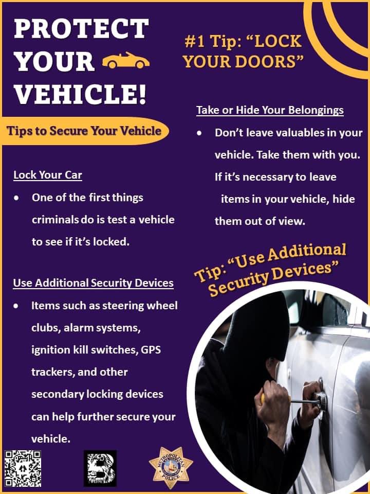 LVMPDBAC's tweet photo. PROTECT YOUR VEHICLE ๐
See the attached flyer for tips to secure your vehicle ๐
Donโt make it easy for criminals to leave you stranded! ๐
#BoldenPride #BACBestAreaCommand #LVMPD #SafetyTips https://t.co/eeKLifrj0O