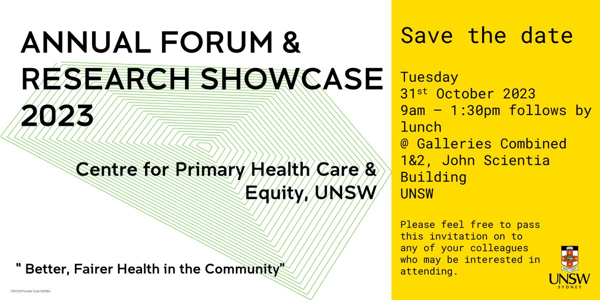 UNSW CPHCE (@cphce_unsw) on Twitter photo SAVE THE DATE - CPHCE Annual Forum 2023 will held on 31st Oct at the Galleries Combined (1&2) Room at John Scientia Building at <a href="/UNSW/">UNSW</a>. <a href="/mfharris3/">Mark Harris</a> will present on his contribution to the Primary Health Care field and retirement <a href="/UNSWMedicine/">UNSW Medicine & Health</a> shorturl.at/atu15 SAVE THE DATE - CPHCE Annual Forum 2023 will held on 31st Oct at the Galleries Combined (1&2) Room at John Scientia Building at <a href="/UNSW/">UNSW</a>. <a href="/mfharris3/">Mark Harris</a> will present on his contribution to the Primary Health Care field and retirement <a href="/UNSWMedicine/">UNSW Medicine & Health</a> shorturl.at/atu15