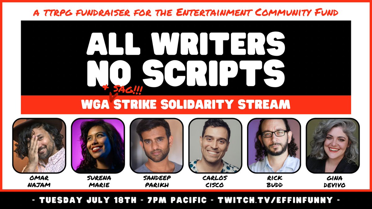 OmarNajam's tweet photo. The AMPTP is TERRIBLE. These folks are GREAT!

Join @SurenaXMarie @sandeepparikh @carlos_cisco  @PocketGina &amp; illustrious GM @rbudd913 for #AllWritersNoScripts: a #WGA/#SAG solidarity stream for @alifeinthearts starting RIGHT NOW! Let's do some good!!!

https://t.co/TazTiqefWX https://t.co/jIu4qaUns7