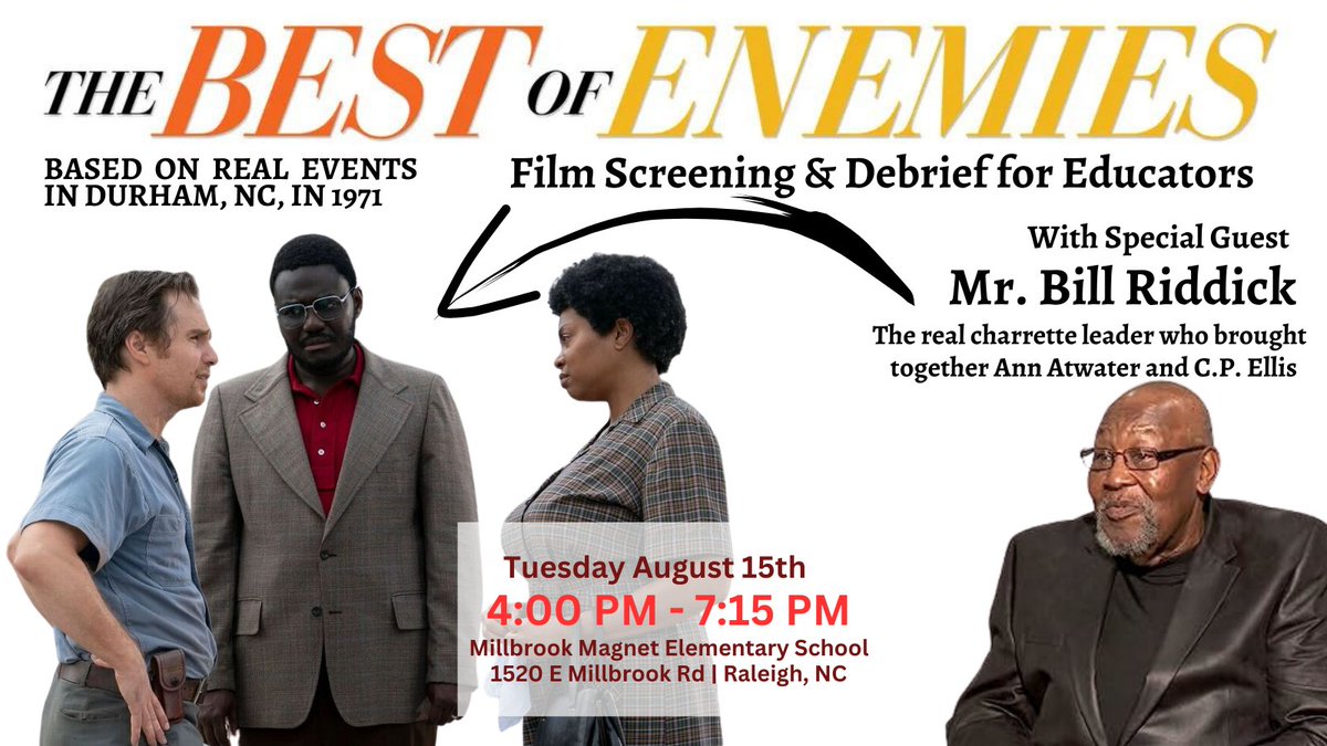 We are SO EXCITED to welcome Mr. Bill Riddick -- NC native and REAL charrette leader who brought together Ann Atwater and C.P. Ellis in 1971! 

Register today! 

eventbrite.com/e/equity4wake-…
