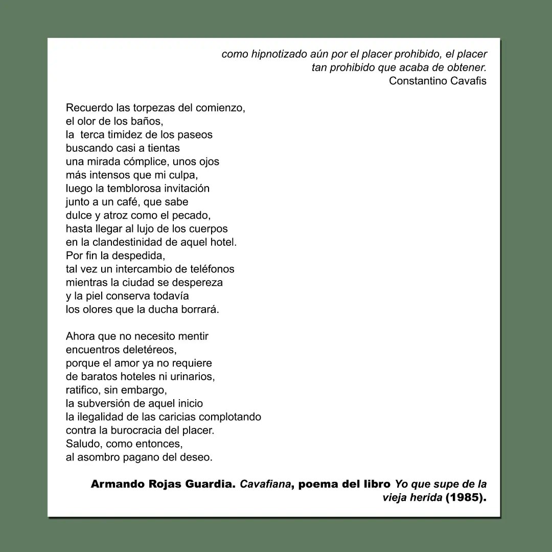 “Recuerdo las torpezas del comienzo, 
el olor de los baños, 
la terca timidez de los paseos 
buscando casi a tientas
una mirada cómplice...”

Armando Rojas Guardia (Caracas, 1929 - 2020).