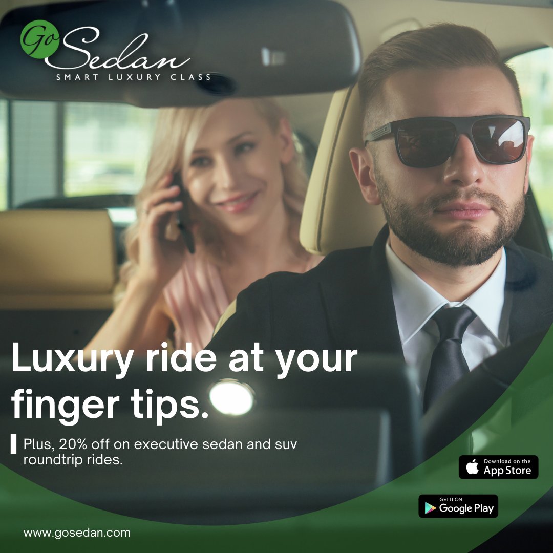 GoSedan's tweet photo. Unwind in luxury after your journey with Gosedan! With our executive sedan and SUV service, you'll arrive in style and enjoy a serene post-trip experience. Plus, for a limited time, enjoy 20% off on all executive roundtrip rides! Book now! https://t.co/TpJlZQOUA8 📲✈️ #Gosedan https://t.co/6hAxSG4iQO