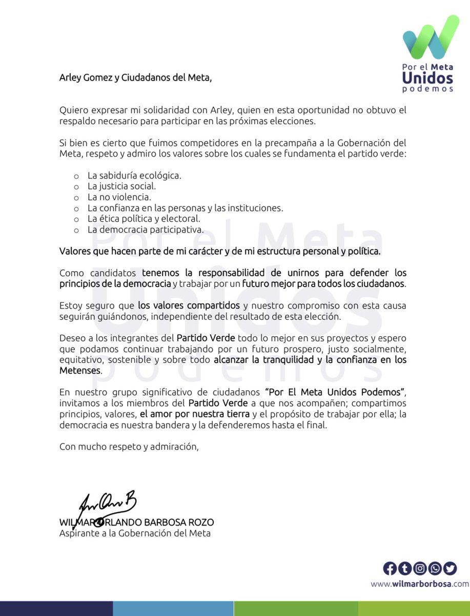 Quiero expresar mi solidaridad con Arley, quien en esta oportunidad no obtuvo el respaldo necesario para participar en las próximas elecciones…