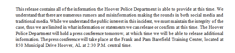 WBRC6Hardison's tweet photo. BREAKING: @HooverPD calling a press conference at 2:30pm tomorrow for an update on the #CarleeRussell case, also new information included in this update: https://t.co/o3kUjZo6x6