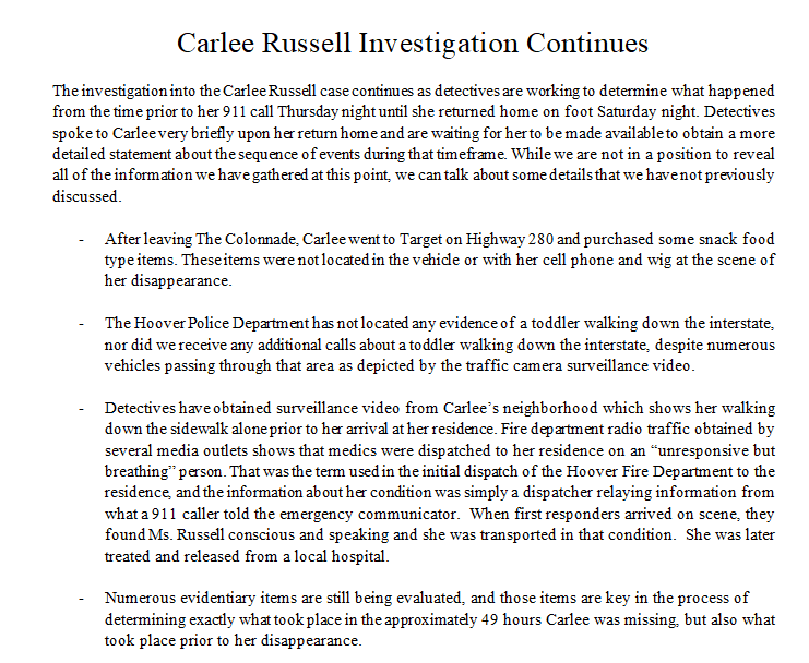 WBRC6Hardison's tweet photo. BREAKING: @HooverPD calling a press conference at 2:30pm tomorrow for an update on the #CarleeRussell case, also new information included in this update: https://t.co/o3kUjZo6x6