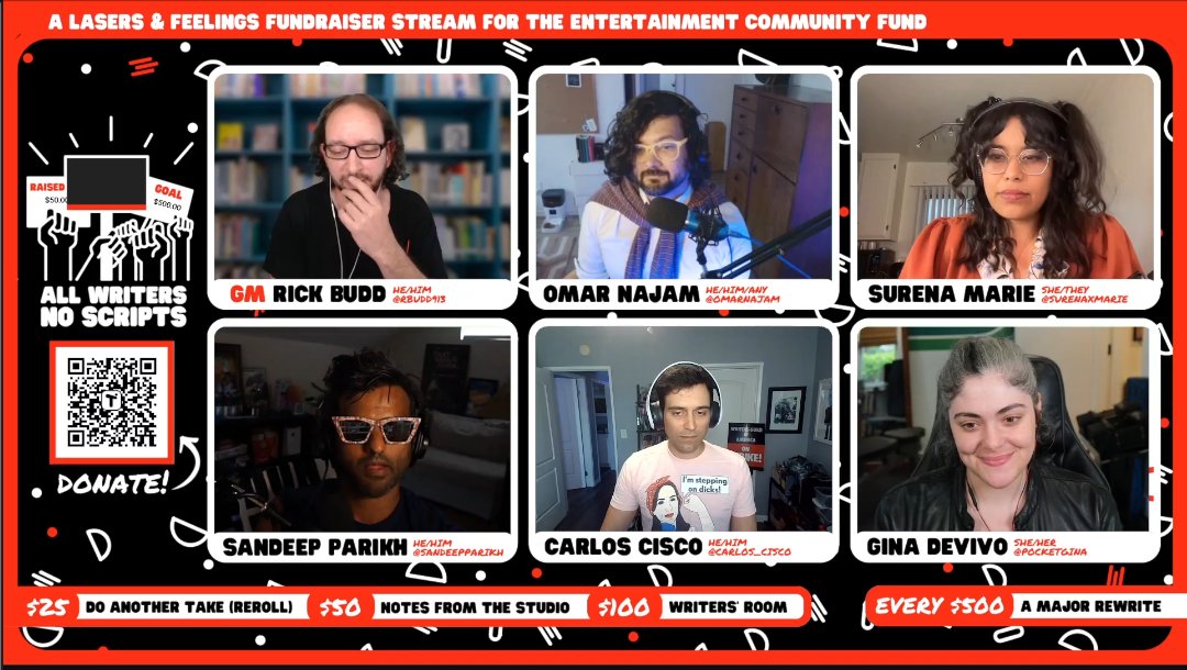 sandeepparikh's tweet photo. this is happening RIGHT now on the effinfunny twitch! raising money for @alifeinthearts and having the MOST fun
@SurenaXMarie
@sandeepparikh
@carlos_cisco
@PocketGina
& illustrious GM @rbudd913
for #AllWritersNoScripts: a #WGA/#SAG solidarity stream https://t.co/HMuOSAE1Kf