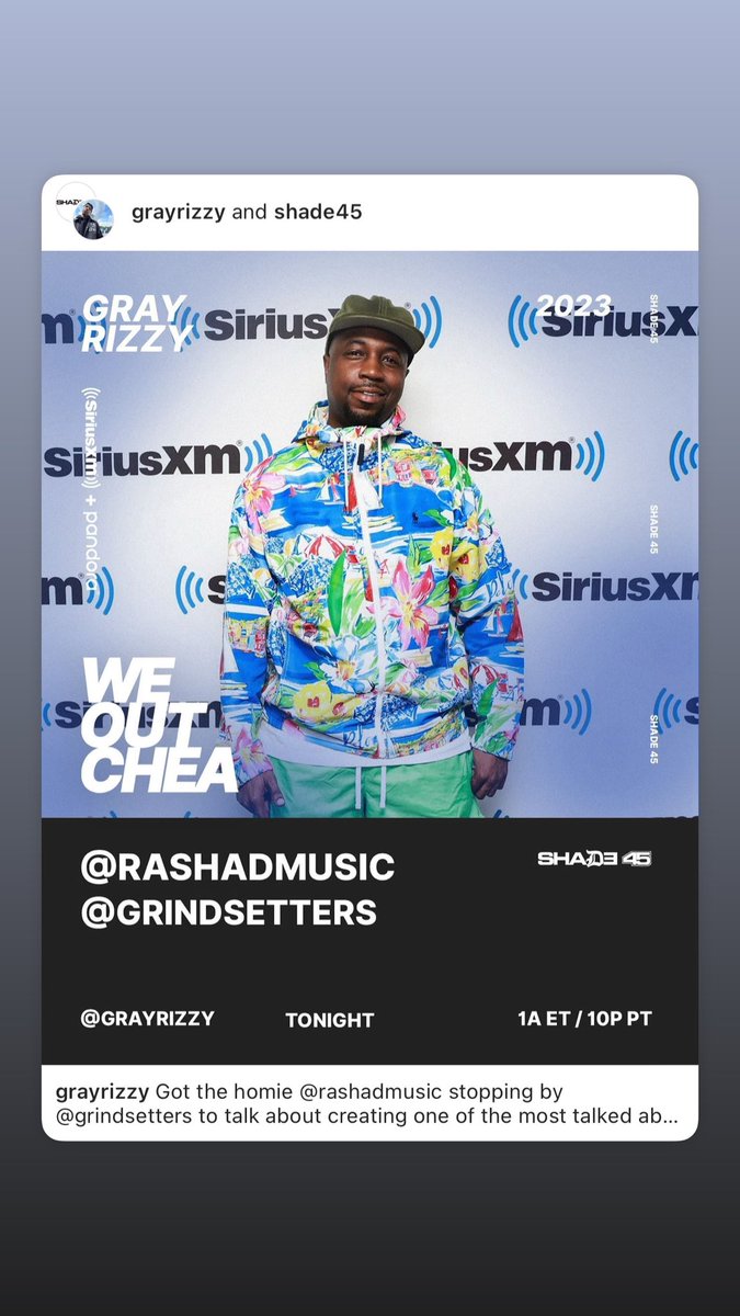 I’m premiering new music tonight on <a href="/shade45/">Shade45</a> tonight at 1amEST/10pmPST with your host <a href="/GrayRizzy/">GRAY | #WEOUTCHEA 💯</a> • 🚀💯
#grindsetters #siriusxm #shade45 #elev8thegame Tune in✨