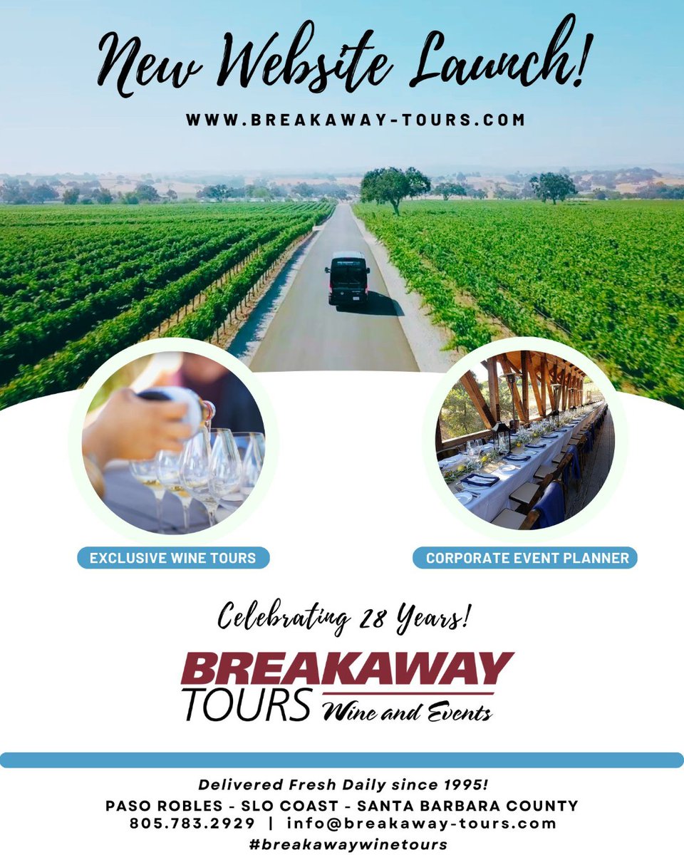 We're popping the cork to celebrate! 🍾 Our new website, Breakaway-Tours.com is live and we're celebrating our 28th year in the business! Join us in toasting to more wine adventures in #PasoWine, #SLOCoastWine, and #SantaBarbaraWine regions. #BreakawayTours #NewWebsite