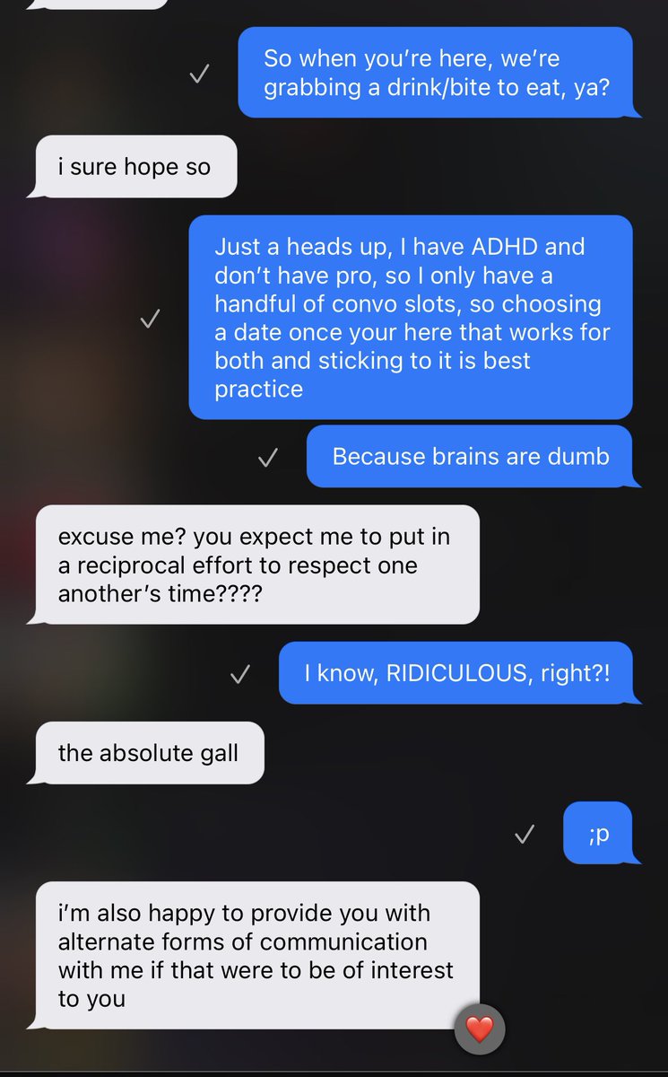 It is INFURIATING that clarifying my needs and requests is often met with skepticism and repulsion, like my dudes, I’m TRYING to keep talking with you, can you meet me like 3/4 of the way??

This. This is beautiful. Be kind, be reasonable. That’s it, that’s all I’m asking for.