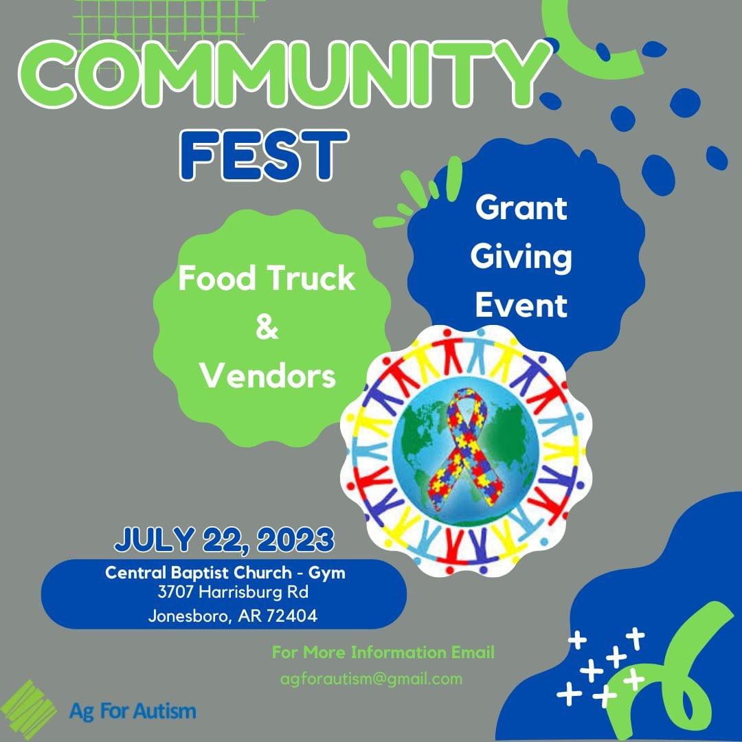 AgForAutism's tweet image. Remember to RSVP for our Community Fest &amp;amp; Grant Giving Event. 
Date: July 22, 2023
Location: Central Baptist Church Gym- Jonesboro AR
Time: 10-2 PM; Grant Event starts at 12 noon. 

RSVP by July 19. forms.gle/STnEp6hhNSuoWa…

Family Fun, Food &amp;amp; Sensory friendly games and activities