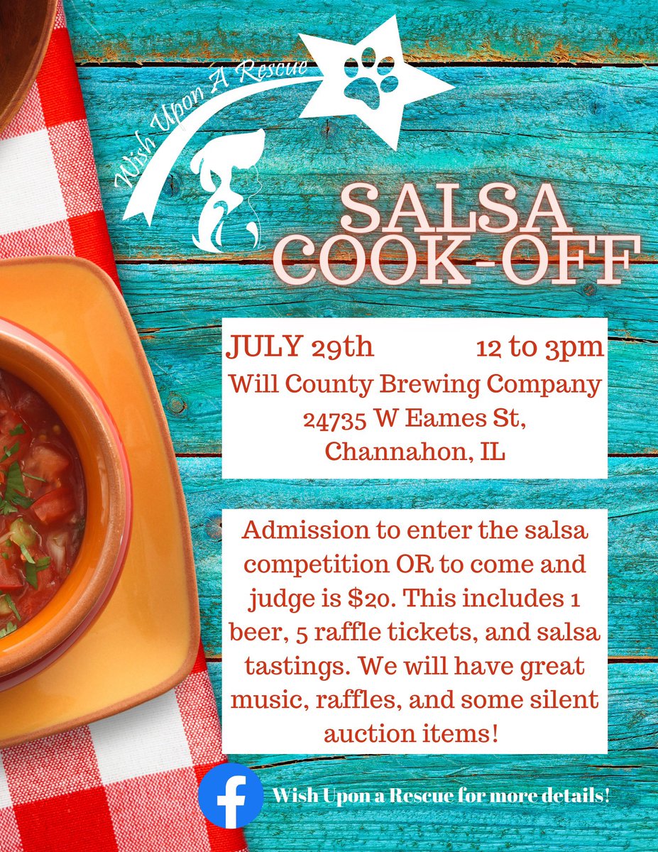 wishuponarescue's tweet photo. Check out the details under events! 

https://t.co/YA7n73Z0B7

#Salsa #salsacookoff @willcountybrew #fundraiser #Competition #channahon https://t.co/xunLgM8OAr