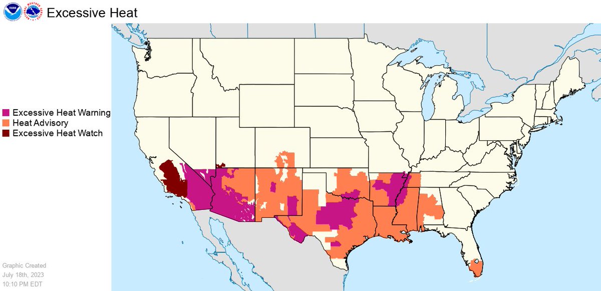 NWS's tweet photo. An extremely dangerous and long-duration heat wave will continue over the Southwest well into next week with oppressive heat indices spreading across the south-central and southeast U.S. through this weekend. https://t.co/VyWINDkBnn https://t.co/TJBHldpDOg