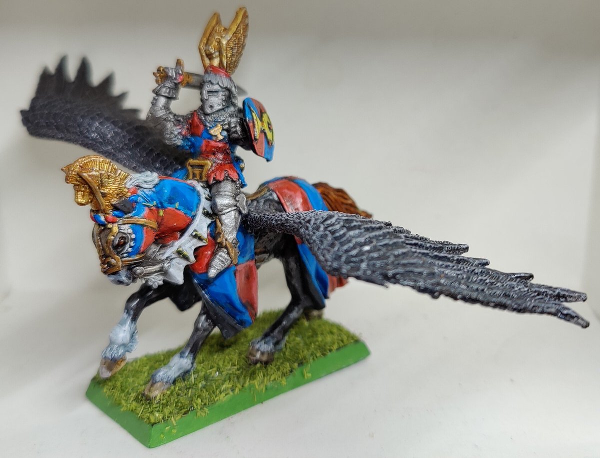 mmacmartin's tweet photo. Finished painting up my Bretonnian Hero on Pegasus. Quarterly Gules and Azure, a grail Or fimbriated Sable with three embedded gems Gules also fimbriated Sable. https://t.co/aQKBHUG9cI