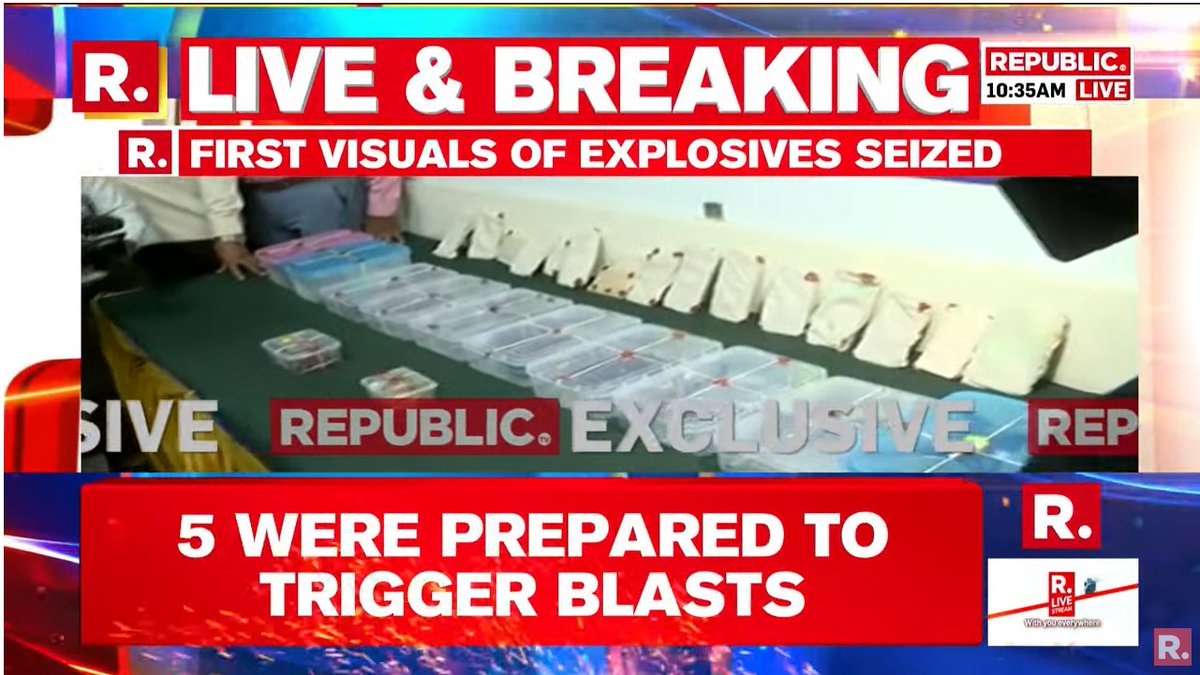 republic's tweet image. #BREAKING | First visuals of explosives seized.
5 suspected terrorists who were planning to trigger blasts have been arrested in Bengaluru; suspects were associated with Jammat-E-Islami and were part of the 2017 murder.
#Bengaluru #TerrorCrackdown #BengaluruNews #Terrorists…