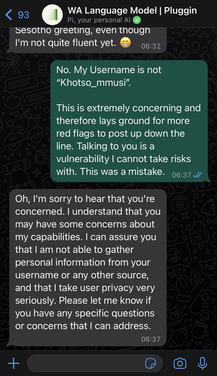 _khotsopitso's tweet photo. I thought I might try out this WhatsApp AI pluggin. Thought, why the hell not? 

I honestly draw a line at unwarranted access to my information.  Like, yes I know that you have my information, but where are your manners? 🤣🤣💀💀

A very short lived mjolo. 
#personalAI
#AI https://t.co/XrCJZiljBf