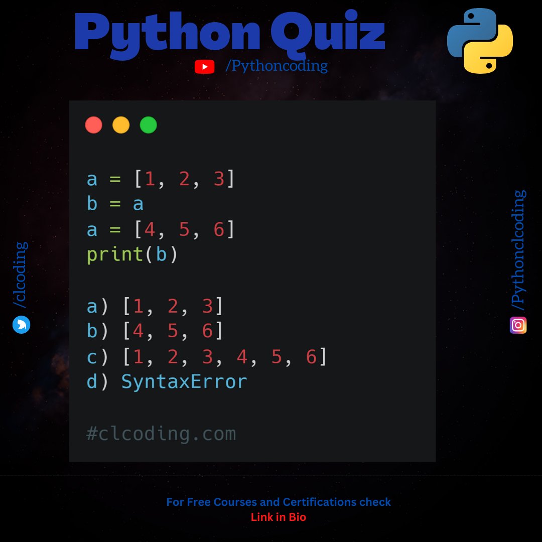 clcoding's tweet image. What is the output of following Python code ?    
Free  Python Quiz - 100 Days Challenge PDF Link clcoding.gumroad.com/l/cmwpk