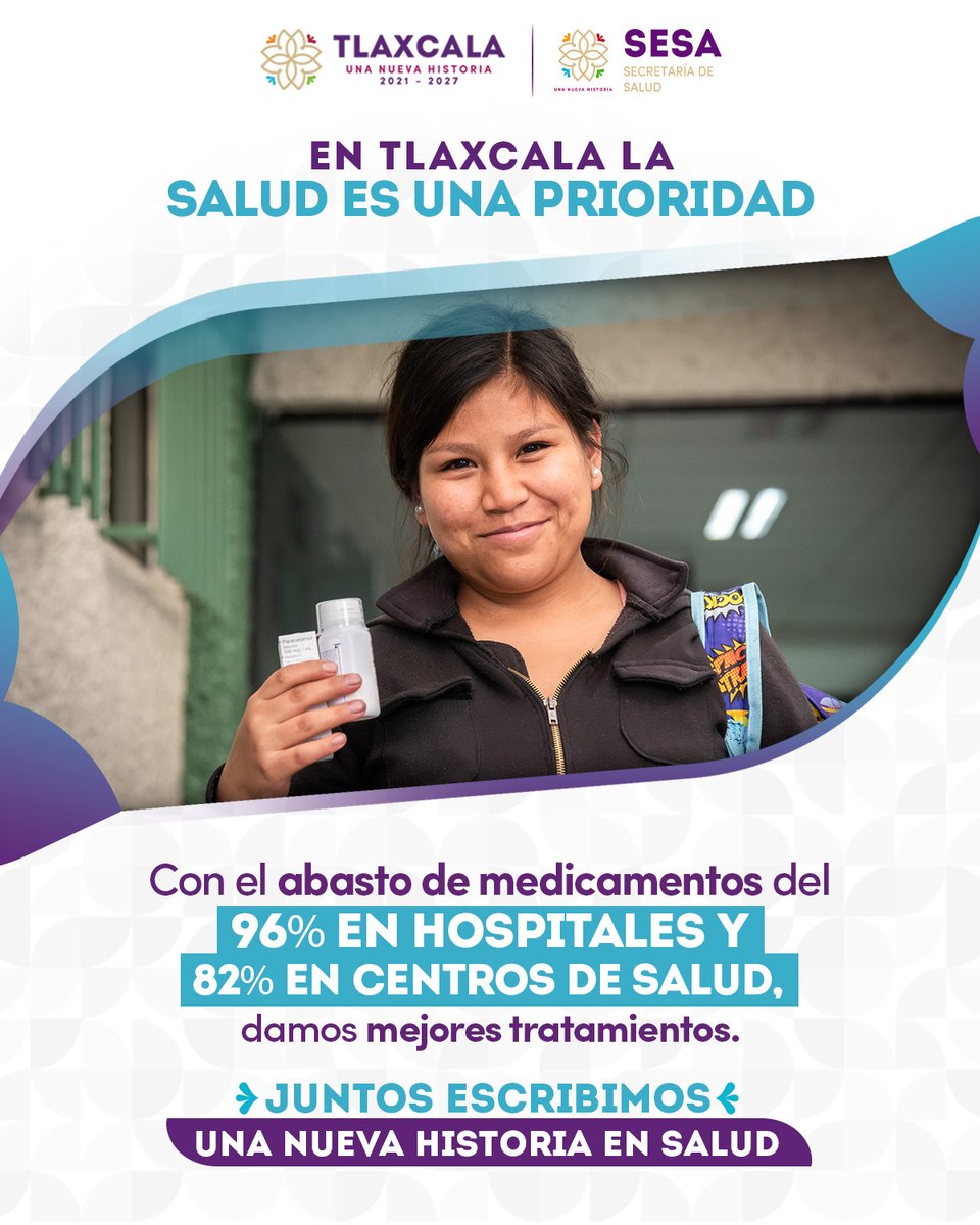 En #Tlaxcala la salud es una prioridad. Hemos logrado el abasto de medicamentos en hospitales al 96% y en Centros de Salud en un 82%.
Juntos escribimos #UnaNuevaHistoria en salud.
<a href="/SesaTlax/">SALUD DE TLAXCALA</a>
